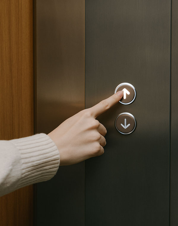Elevator Close-up of a woman's hand in a cream sweater pressing an illuminated elevator button on a stainless steel panel.